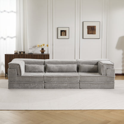 Kompressions-Mahjong-Sofa, umklappbares Boden-Sofabett, DIY knochenloses modulares Sektionssofa, keine Montage erforderlich, Kreis-Fleece-Stoff, überdimensioniertes 3-Sitzer-Sofa mit 3 Kissen, Hellgrau