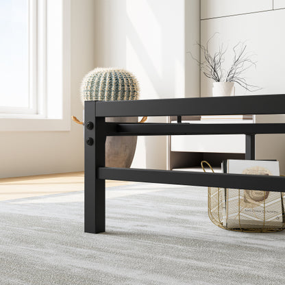 Vollgrößiges Plattform-Bettgestell mit rustikalem Vintage-Holz-Kopfteil, starke Metallleisten stützen die Matratzenunterlage, keine Boxspring-Federkern erforderlich, rustikales Braun
