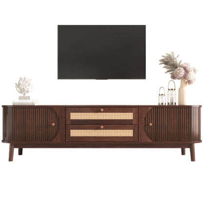 Rattan-Fernsehtisch für Fernseher bis 75 Zoll, modernes Bauernhaus-Medienkonsole, Unterhaltungszentrum mit massiven Holzbeinen, TV-Schrank für das Wohnzimmer, Heimkino