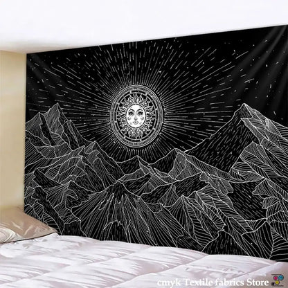Celestial black and white stars mandala tapestry featuring a radiant sun face with intricate white stars mandala details for bedroom decor