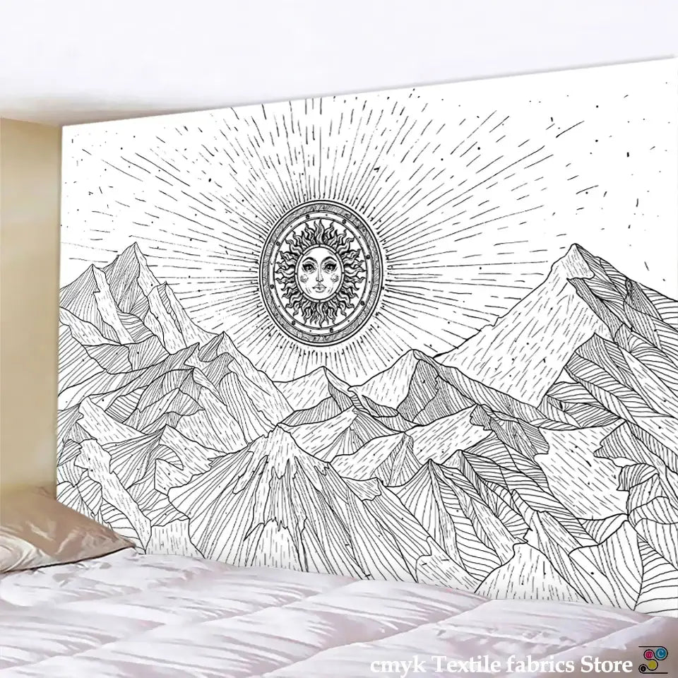 Black and white stars mandala tapestry featuring a radiant sun with facial features above mountain peaks for wall decor