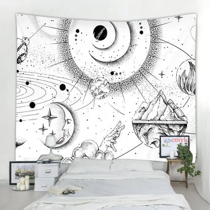 Celestial black and white stars mandala tapestry featuring intricate dotwork of planets moons and a smiling sun for bedroom decor
