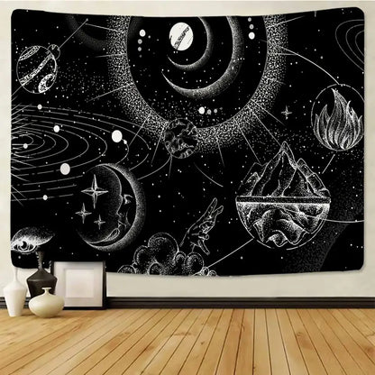 Celestial black and white stars mandala tapestry featuring intricate planets moons flames and eye for bedroom wall decor