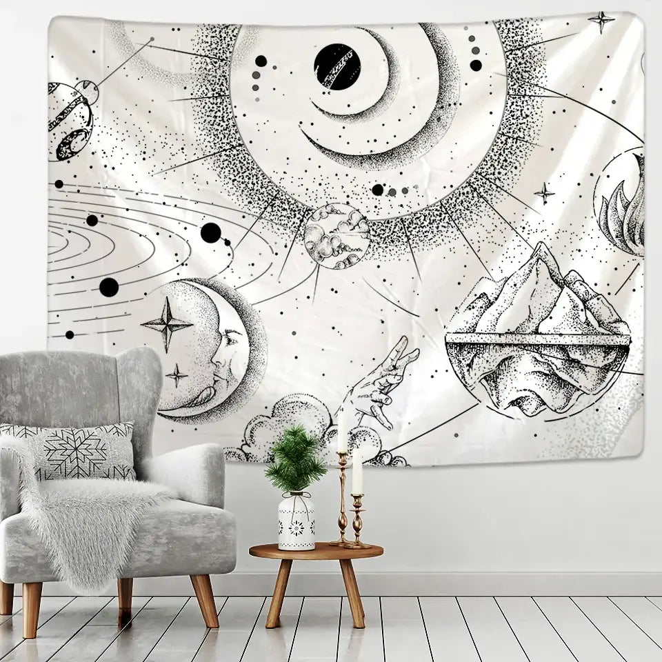 Black and white celestial stars mandala tapestry with intricate dotwork of planets moons white stars for bedroom decor
