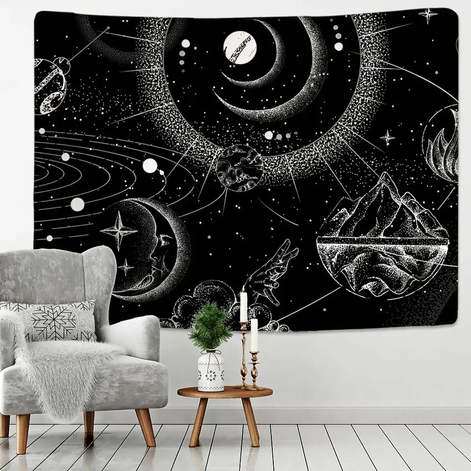 Black and white celestial stars mandala tapestry featuring intricate line art of white stars mandala for bedroom decor