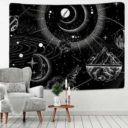 Black and white celestial stars mandala tapestry featuring intricate line art of white stars mandala for bedroom decor
