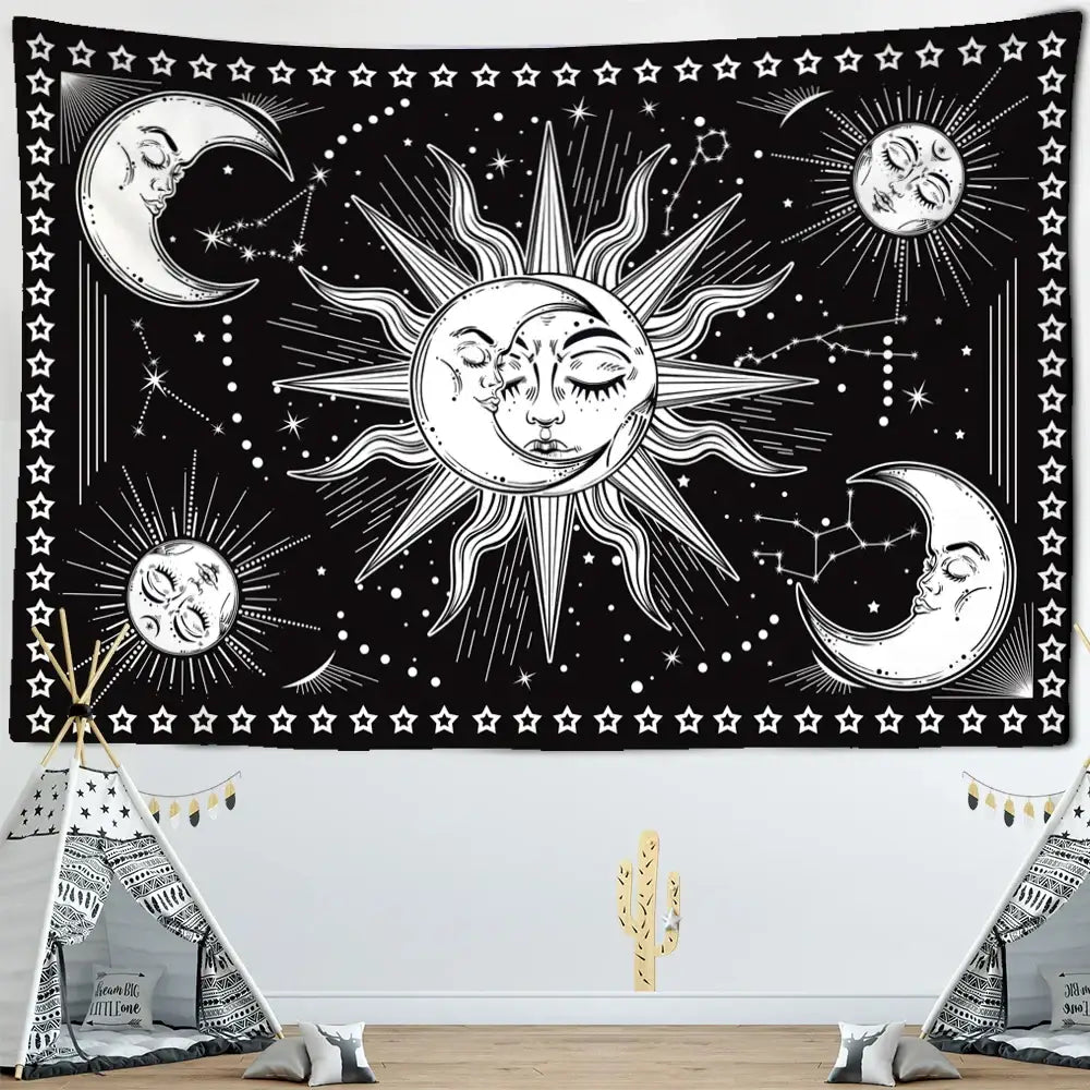 Black and white celestial mandala hippie wall hanging tapestry with stylized sun moon stars for bedroom decorbites decor