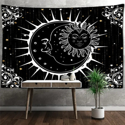 Black and white celestial mandala hippie wall hanging featuring stylized sun and moon with gold stars decorbites celestial mandala