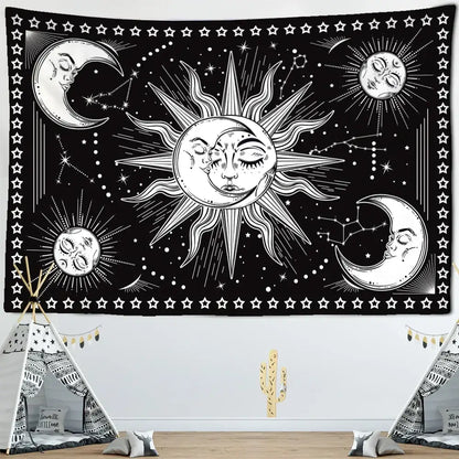 Black and white celestial mandala hippie wall hanging tapestry with stylized sun moon stars decorbites celestial mandala decor