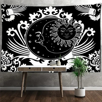 Black and white decorbites celestial mandala wall hanging with intricate sun moon faces and ornate floral patterns for bedroom decor