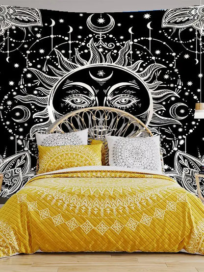 Black and white decorbites celestial mandala tapestry with intricate sun moon and star designs for bedroom wall hanging decor