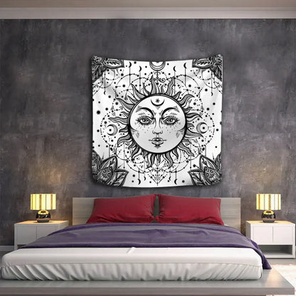 Black and white celestial mandala tapestry wall hanging with sun face, stars, moons, and leaf motifs for decorbites celestial mandala decor