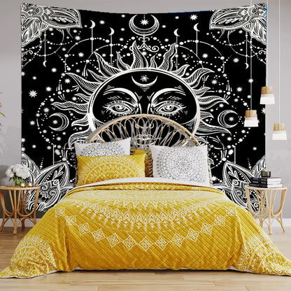 Black and white celestial mandala tapestry wall hanging featuring sun with eyes moons stars for decorbites celestial mandala decor