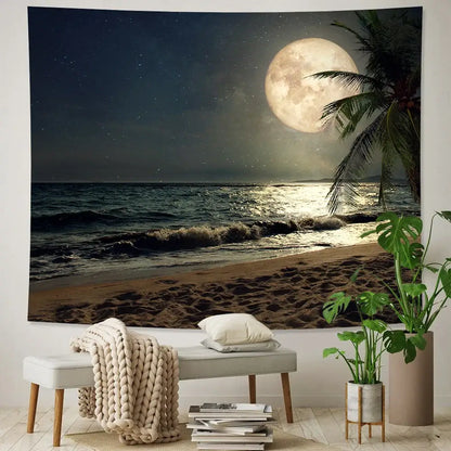 Beige knitted throw blanket draped over bench complementing celestial moon night sky beach tapestry decor