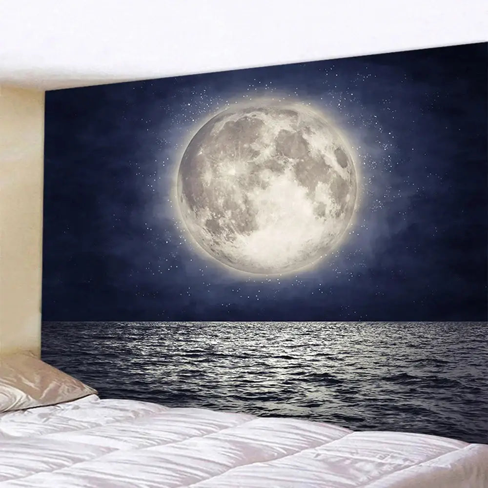Celestial moon night sky beach tapestry featuring a large detailed moon over a dark ocean for bedroom wall decor