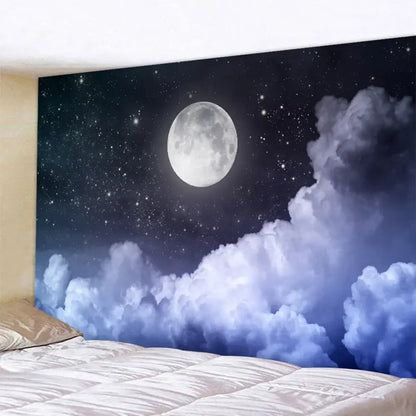 Celestial moon night sky bedroom wall tapestry featuring a detailed full moon and voluminous blue clouds above night sky