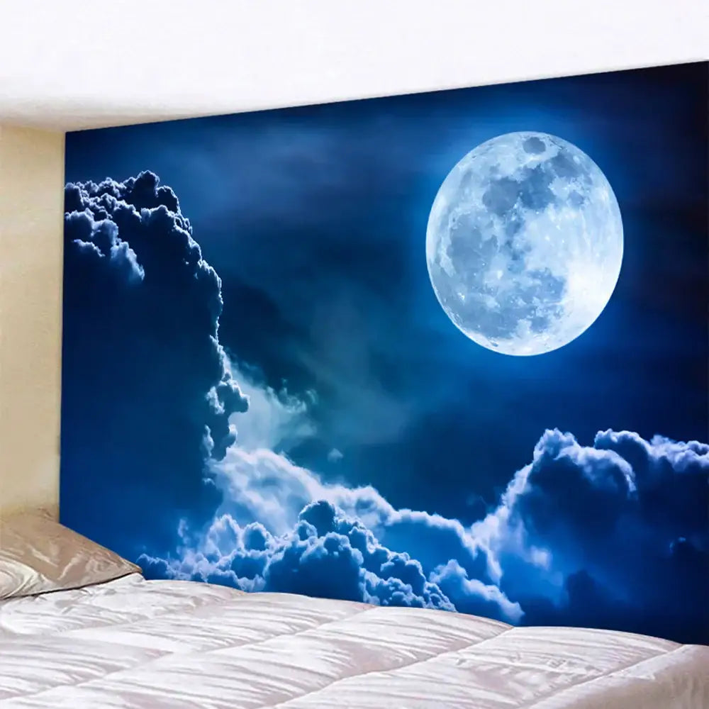 A vibrant blue beach moon night tapestry with a detailed full moon and dramatic clouds for bedroom wall decor