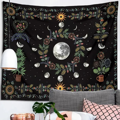 Black tapestry wall hanging featuring a celestial moon phase floral design with earthy tones decorbites celestial moon decor
