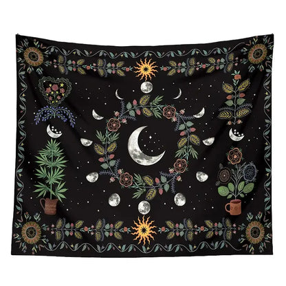 Black celestial moon phase floral tapestry featuring crescent moon sun motifs in gold green brown for decorbites celestial moon decor