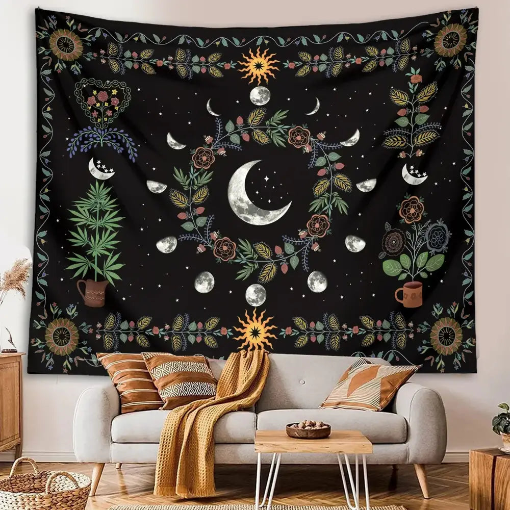 Black celestial moon phase floral tapestry featuring crescent moon and moon phases for bedroom wall decorbites celestial moon