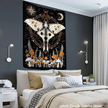 A black celestial moth tapestry featuring a detailed white moth with orange accents and geometric patterns for bedroom wall decor