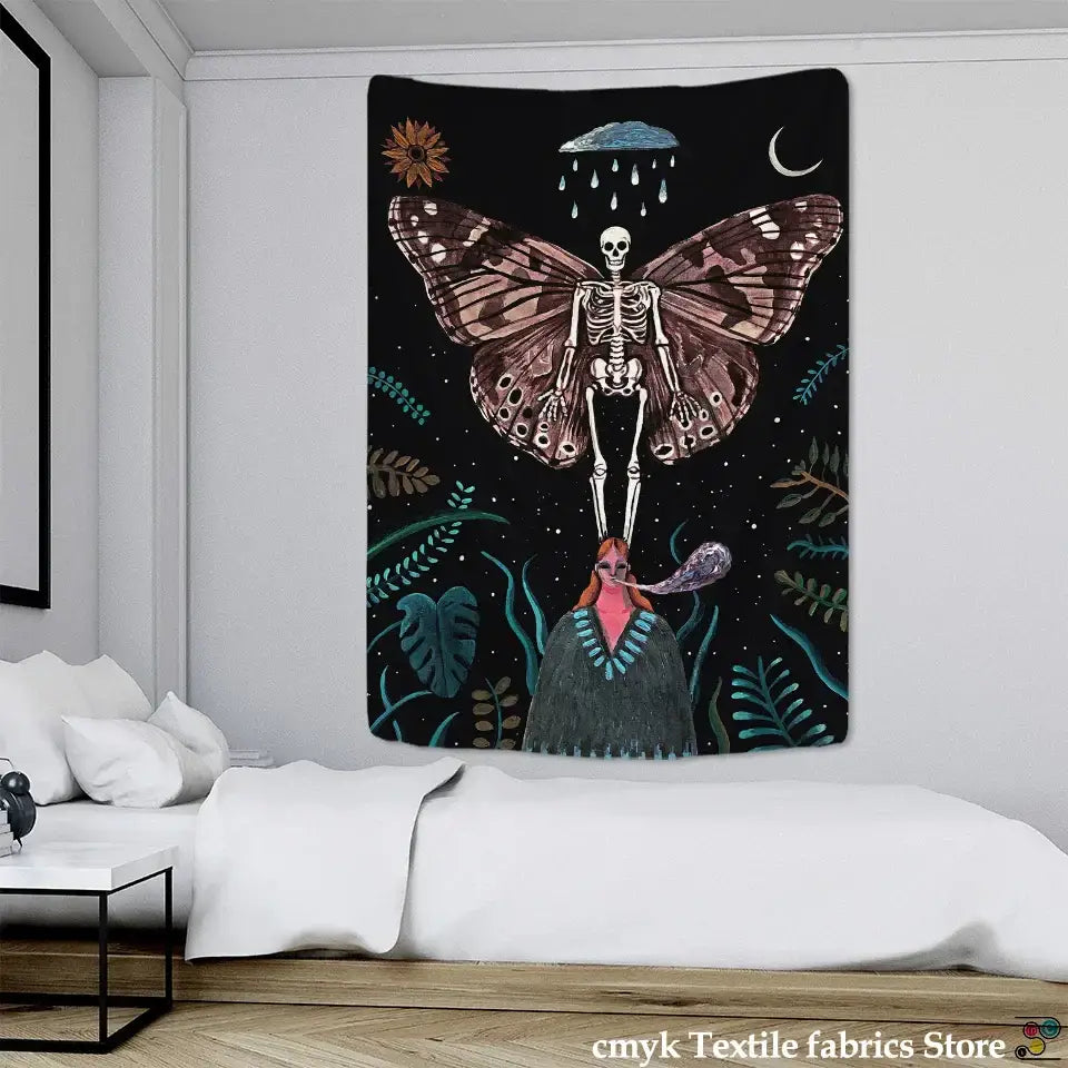Black tapestry decorbites celestial moth featuring skeleton with butterfly wings and celestial foliage for wall decor