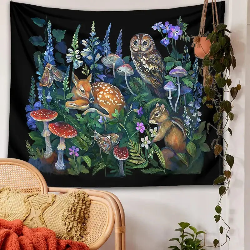 Black celestial mushroom botanical wall hanging tapestry featuring woodland creatures and vibrant blue flowers