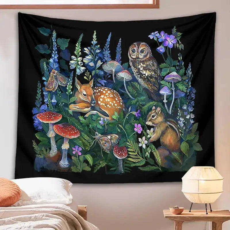Black tapestry wall hanging with celestial mushroom botanical design featuring woodland creatures and vibrant foliage