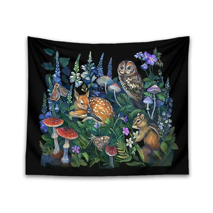 Black celestial mushroom botanical wall hanging tapestry with whimsical forest scene featuring fawn owl chipmunk