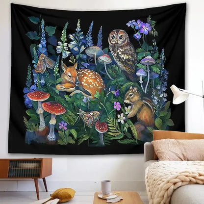 Black celestial mushroom botanical wall hanging tapestry with owl deer chipmunk and vibrant woodland flora design