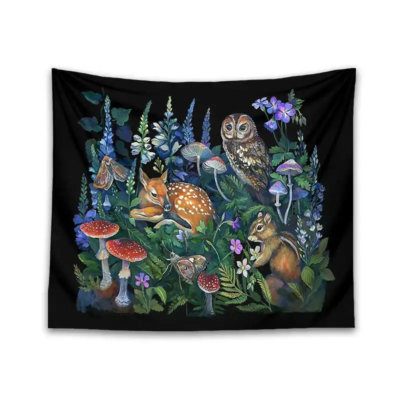 Black celestial mushroom botanical wall hanging featuring a spotted fawn owl chipmunk and vibrant forest elements