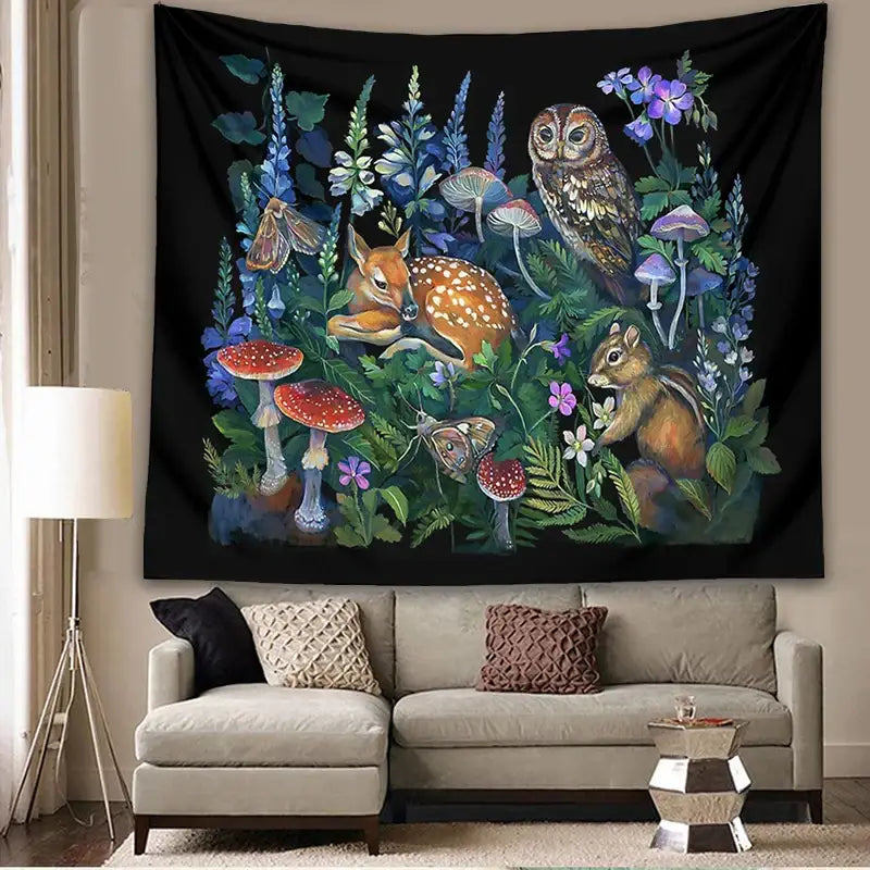 Black celestial mushroom botanical wall hanging tapestry with owl deer chipmunk blue flowers red mushrooms and green foliage
