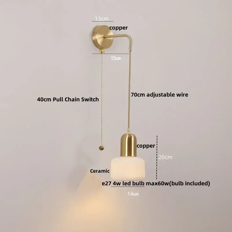 Copper-finished ceramic art wall lamp with adjustable wire and ceramic shade ideal for bedroom reading light