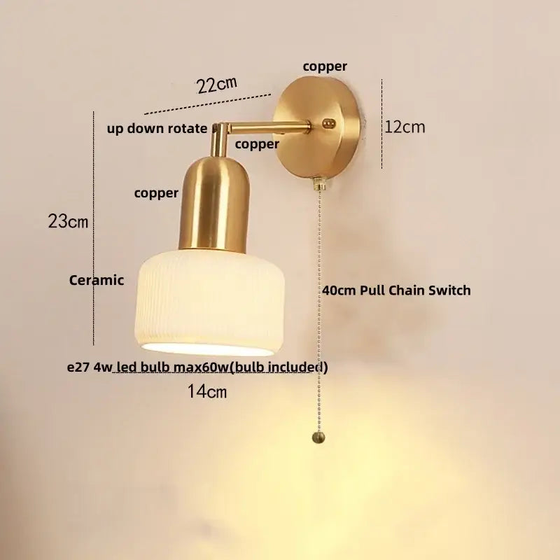 Copper-finished ceramic art wall lamp with ribbed ceramic shade and adjustable arm for bedroom reading light