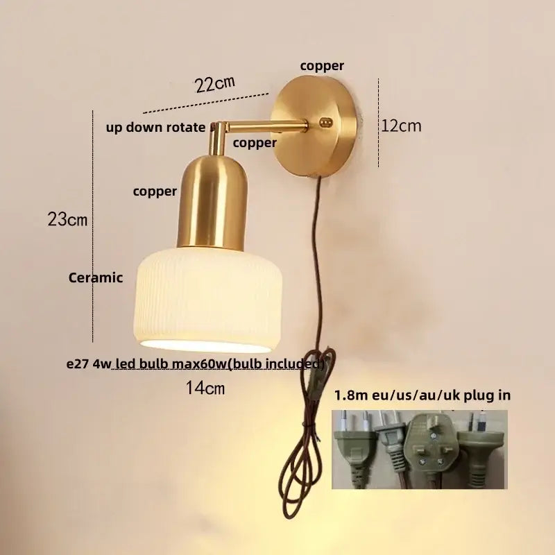 Copper-finished ceramic art wall lamp with ribbed shade gold adjustable reading light for bedroom use