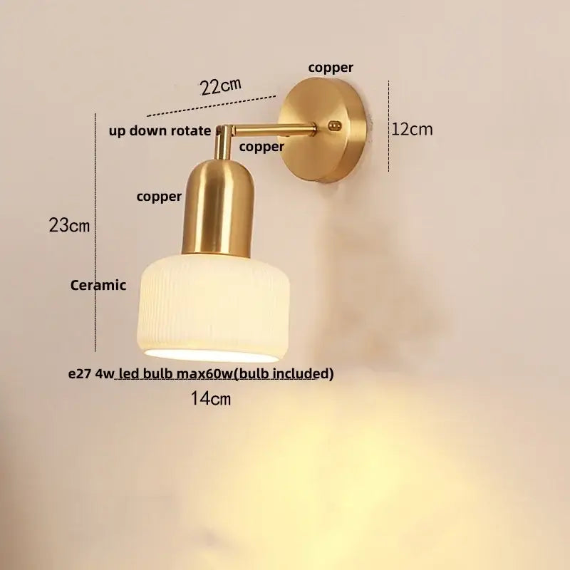 A warm-toned copper ceramic art wall lamp with a textured ceramic shade and adjustable gold reading light for bedroom