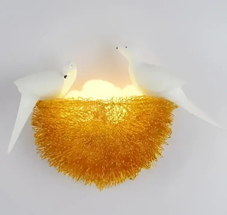 Ceramic bird and golden nest led wall lamp featuring two white bird sculptures for bedroom sconce lighting