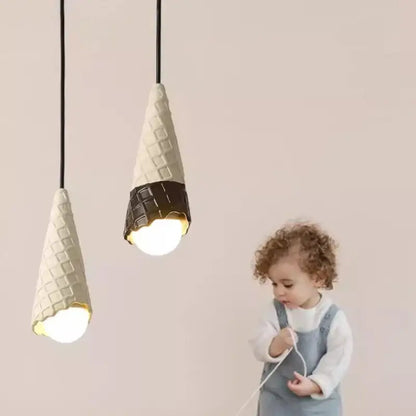Ceramic ice cream pendant light with led bulb in white and black wrought iron for nursery decor