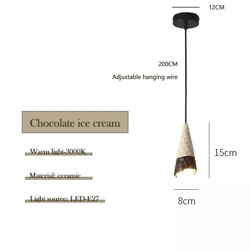 Ceramic ice cream pendant light with white textured body, dark brown base, and led bulb for nursery use