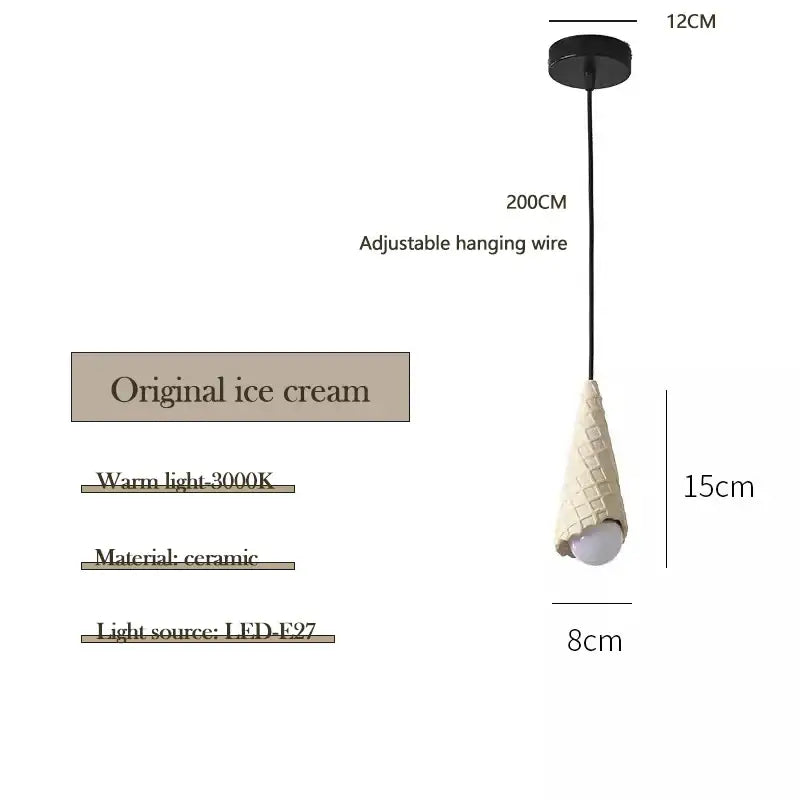 Cream-colored ceramic ice cream pendant light with warm 3000k led bulb and wrought iron fixture for nursery lighting