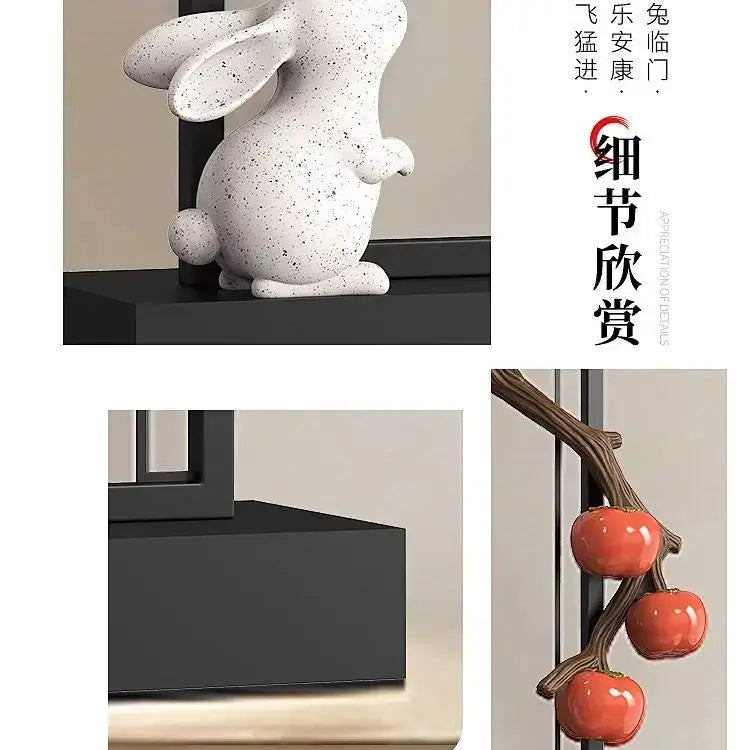 White speckled ceramic rabbit figurine part of a ceramic red persimmon and white rabbit home decor set for living room