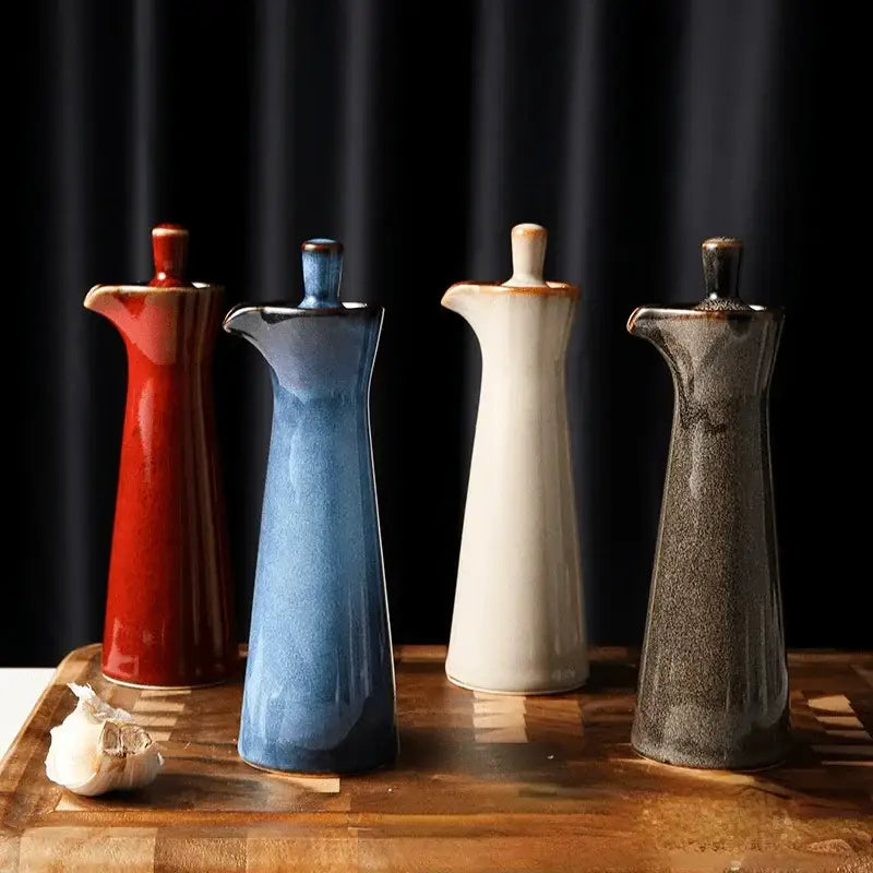 Four ceramic seasoning pots in vibrant red blue white and speckled gray glazes by decorbites ceramic seasoning