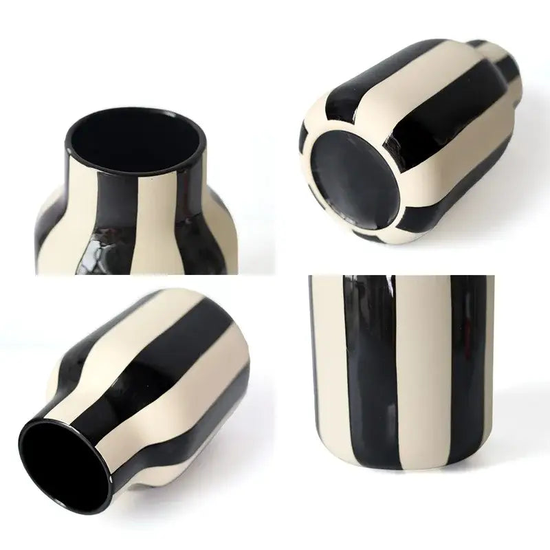 Black and cream striped ceramic vase with a glossy finish showcasing a unique red striped ceramic vase design