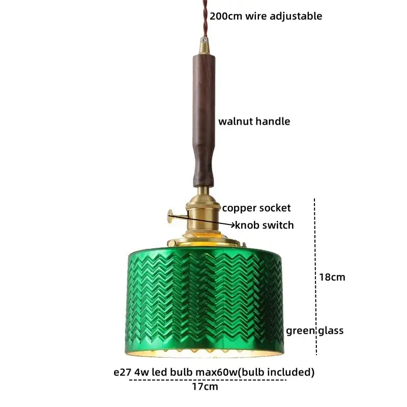 Green glass pendant light with walnut handle and copper socket from decorbites ceramic walnut copper bedroom chandelier
