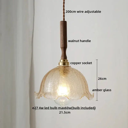 Ceramic walnut copper pendant light with warm amber ribbed glass and dark walnut handle for bedroom decorbites ceramic walnut