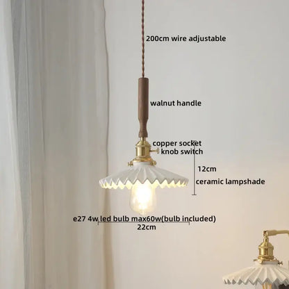 Vintage pendant light with walnut handle brass socket knob switch and white scalloped ceramic shade decorbites ceramic walnut copper