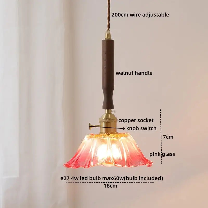 Delicate pink ribbed glass pendant light with ceramic walnut copper socket for decorbites ceramic walnut copper chandelier