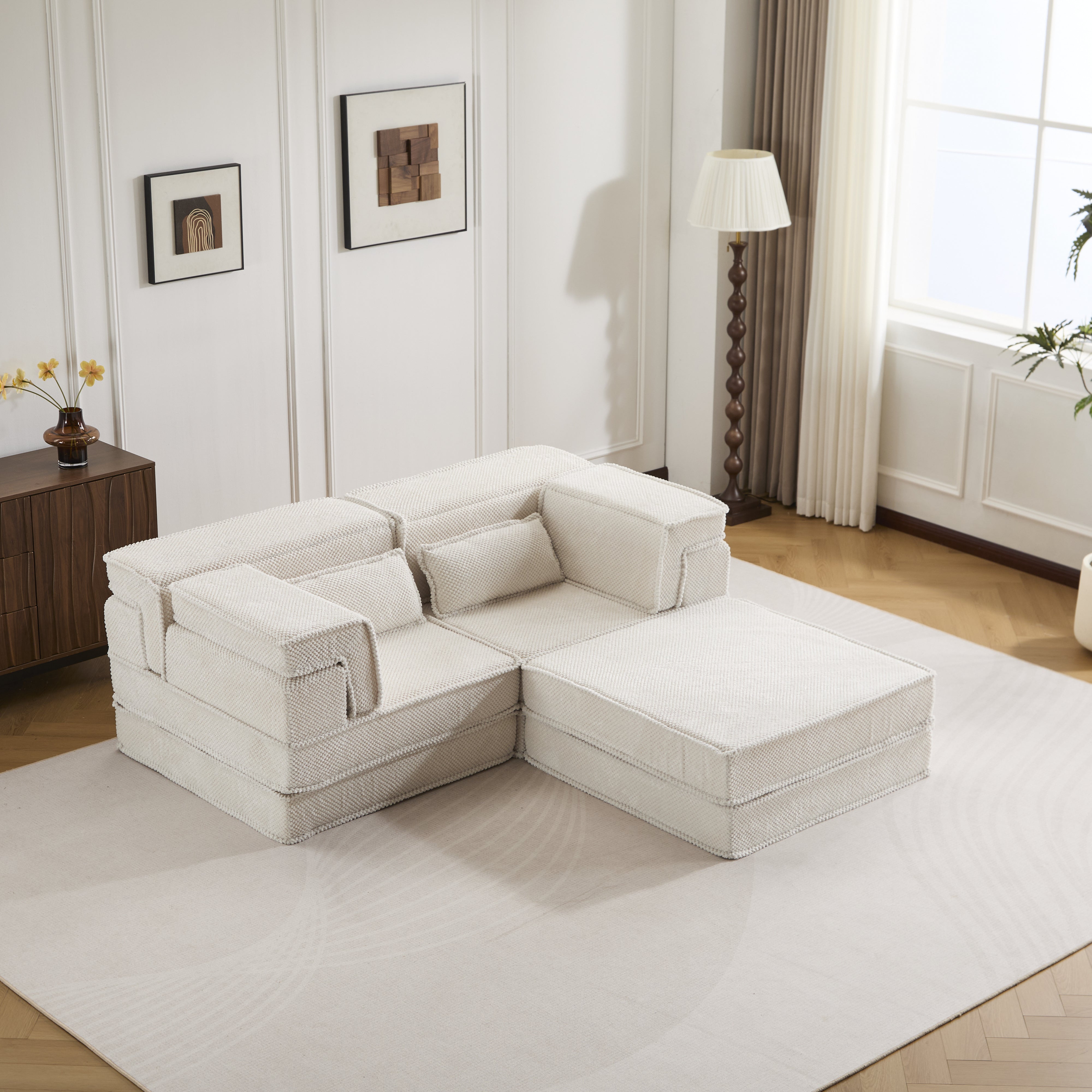 Kompressions-Mahjong-Sofa, Umwandelbares Boden-Sofa-Bett, DIY Knochenloses Modulares Sektionalsofa, Keine Montage Erforderlich, Kreisförmiger Fleece-Stoff, Überdimensioniertes 2-Sitzer-Sofa mit 1 Hocker, Weiß