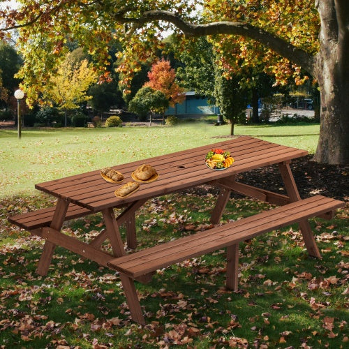 8-Person-Brauner Holztisch für Picknick, Outdoor-Camping-Esstisch mit 2 Sitzen, Garten, DIY mit 2 integrierten Bänken, Tragfähigkeit 2220 lb