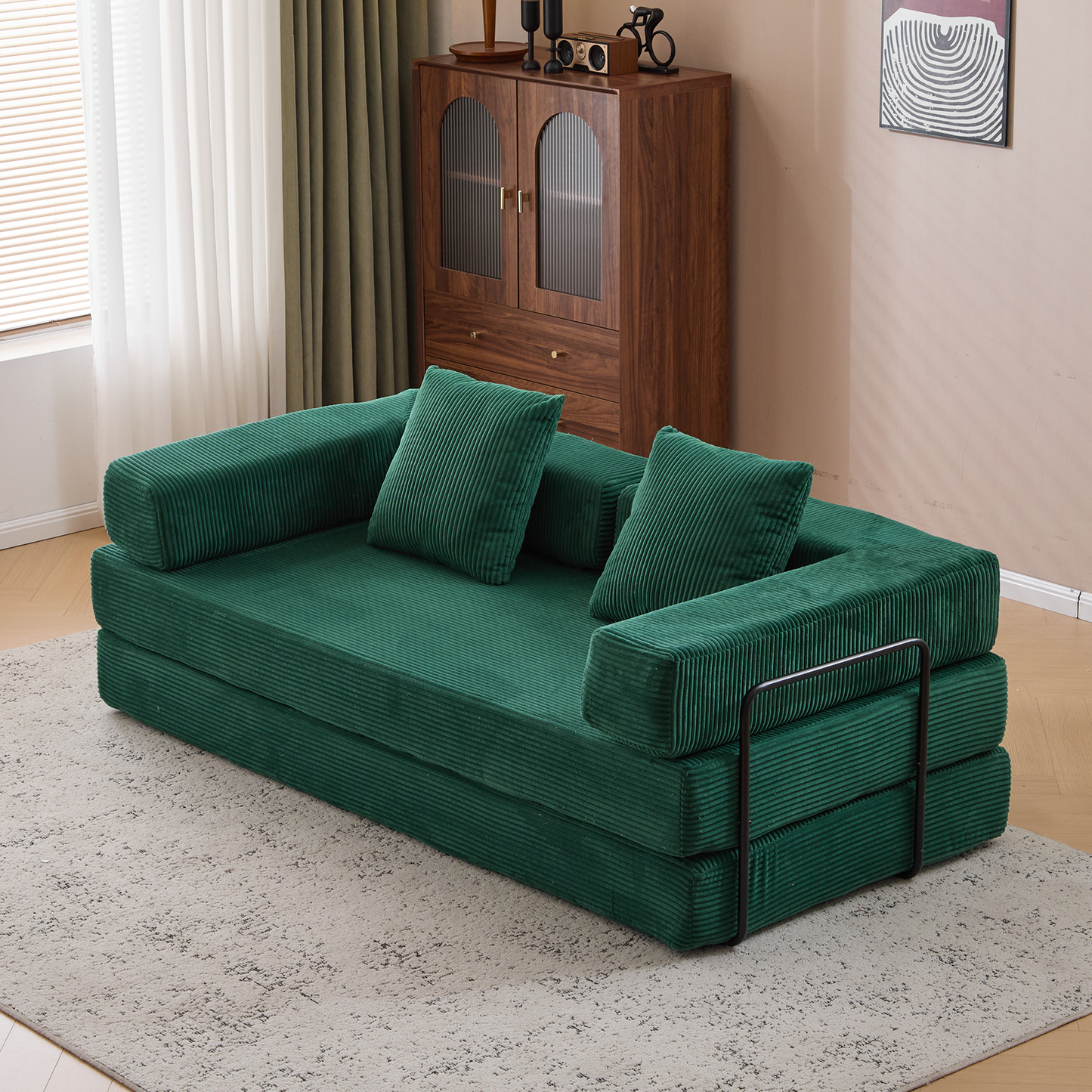 Boden-Couch, Kompressions-Sofa, Umwandelbares Boden-Sofa-Bett – mit Kissen-Rückenstütze und Armlehne, Bequeme Futon-Couch-Liege-Schlafsofa, Corduroy-Stoff, für Wohnzimmer und Schlafzimmer, Dunkelgrün